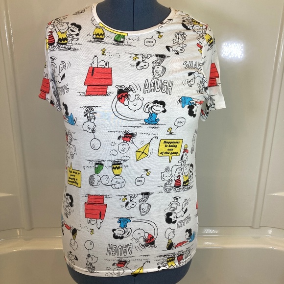 Peanuts AOP Snoopy Charlie Brown White Short Sleeve Shirt Sz XL Juniors - Picture 2 of 13